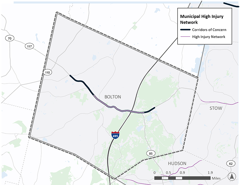 Figure 1.8: A A map of Bolton, MA, a rural town in the region. Parts of Route 117/Main Street are shown as both corridors of concern and a high-injury network location.